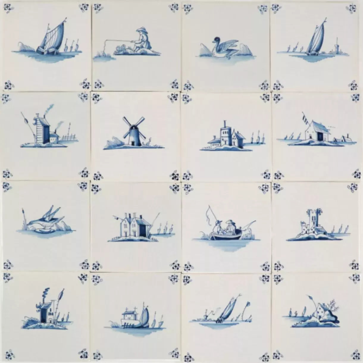 Set of blue and white ceramic tiles with various scenes,  available  to buy on the-salon.com. SALON curates the finest , unique, handmade pieces from the interior industry's best makers and brands. Shop luxury furniture, lighting, rugs, art, antiques and vintage pieces and accessories from SALON interior designed rooms.