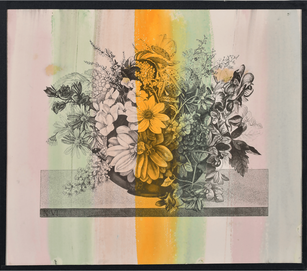 Artistic depiction of flowers and leaves with a colorful striped background,available to buy from the-salon.com. SALON curates the finest unique handmade pieces from the interior industry's best makers and brands. Shop luxury furniture, lighting, rugs, art, antiques and vintage pieces and accessories from SALON interior designed rooms. 