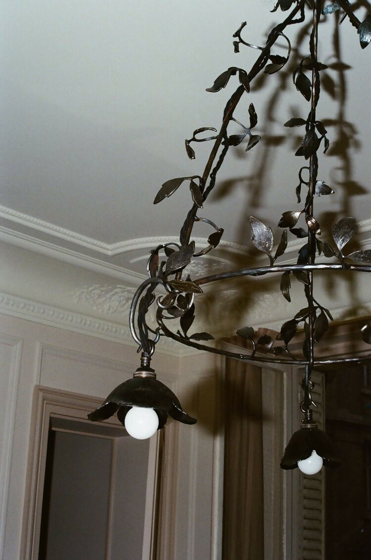 Decorative chandelier with leaf-like design in a room with white walls and a door, available  to buy on the-salon.com. SALON curates the finest , unique, handmade pieces from the interior industry's best makers and brands. Shop luxury furniture, lighting, rugs, art, antiques and vintage pieces and accessories from SALON interior designed rooms.
