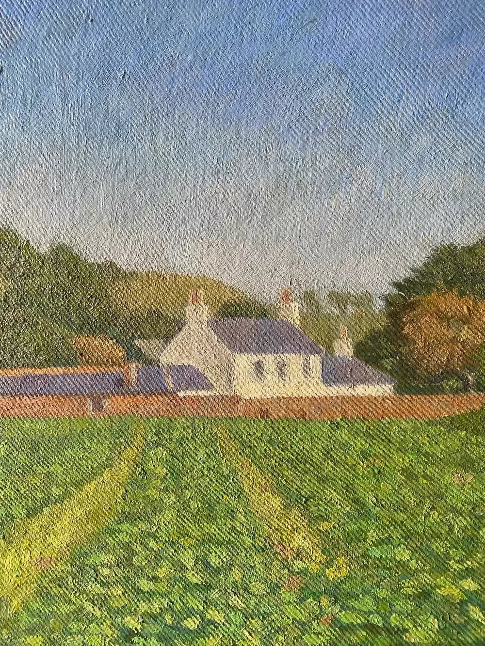Framed painting of a landscape with a house and fields on a stone wall ,available to buy from the-salon.com. SALON curates the finest unique handmade pieces from the interior industry's best makers and brands. Shop luxury furniture, lighting, rugs, art, antiques and vintage pieces and accessories from SALON interior designed rooms.