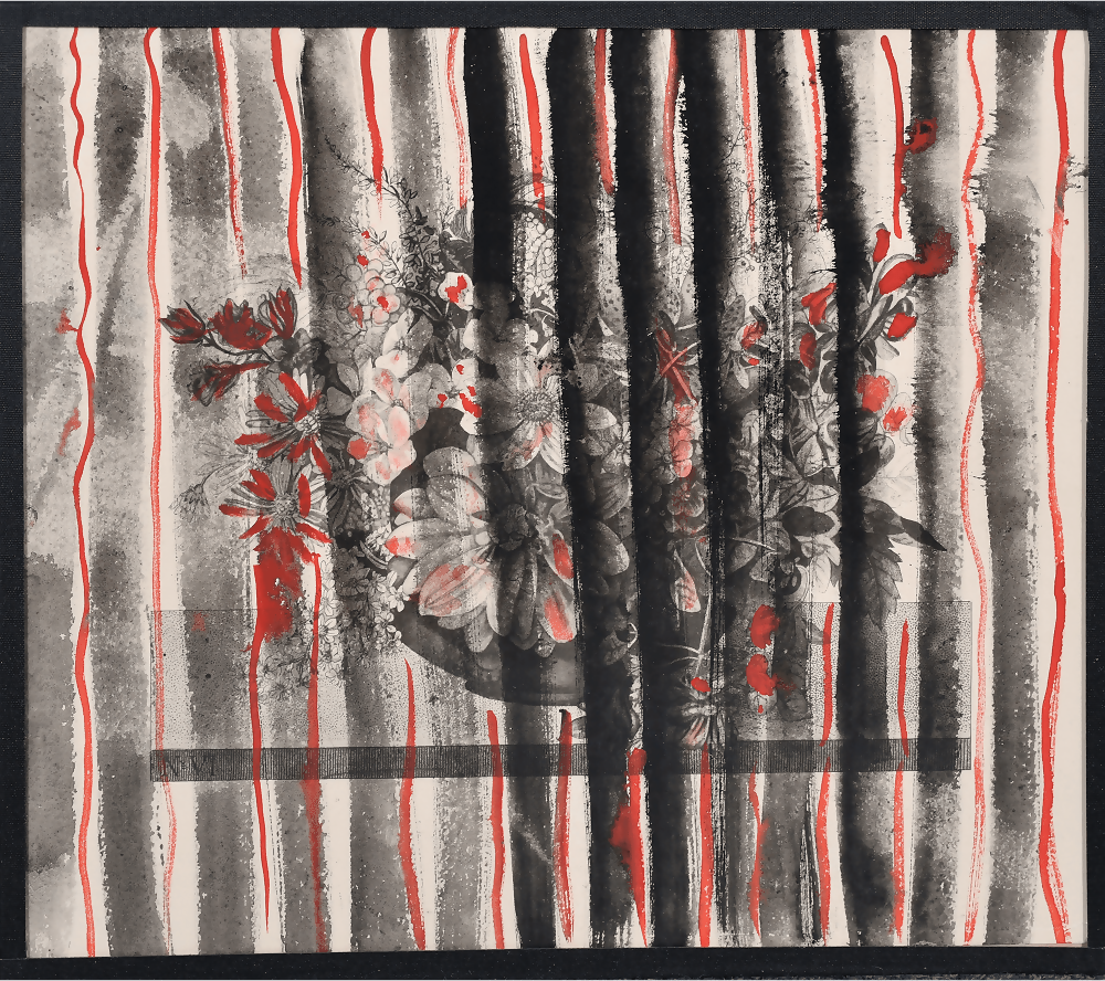 Artistic depiction of a person with floral elements on a textured background with red and black stripes,available to buy from the-salon.com. SALON curates the finest unique handmade pieces from the interior industry's best makers and brands. Shop luxury furniture, lighting, rugs, art, antiques and vintage pieces and accessories from SALON interior designed rooms. 