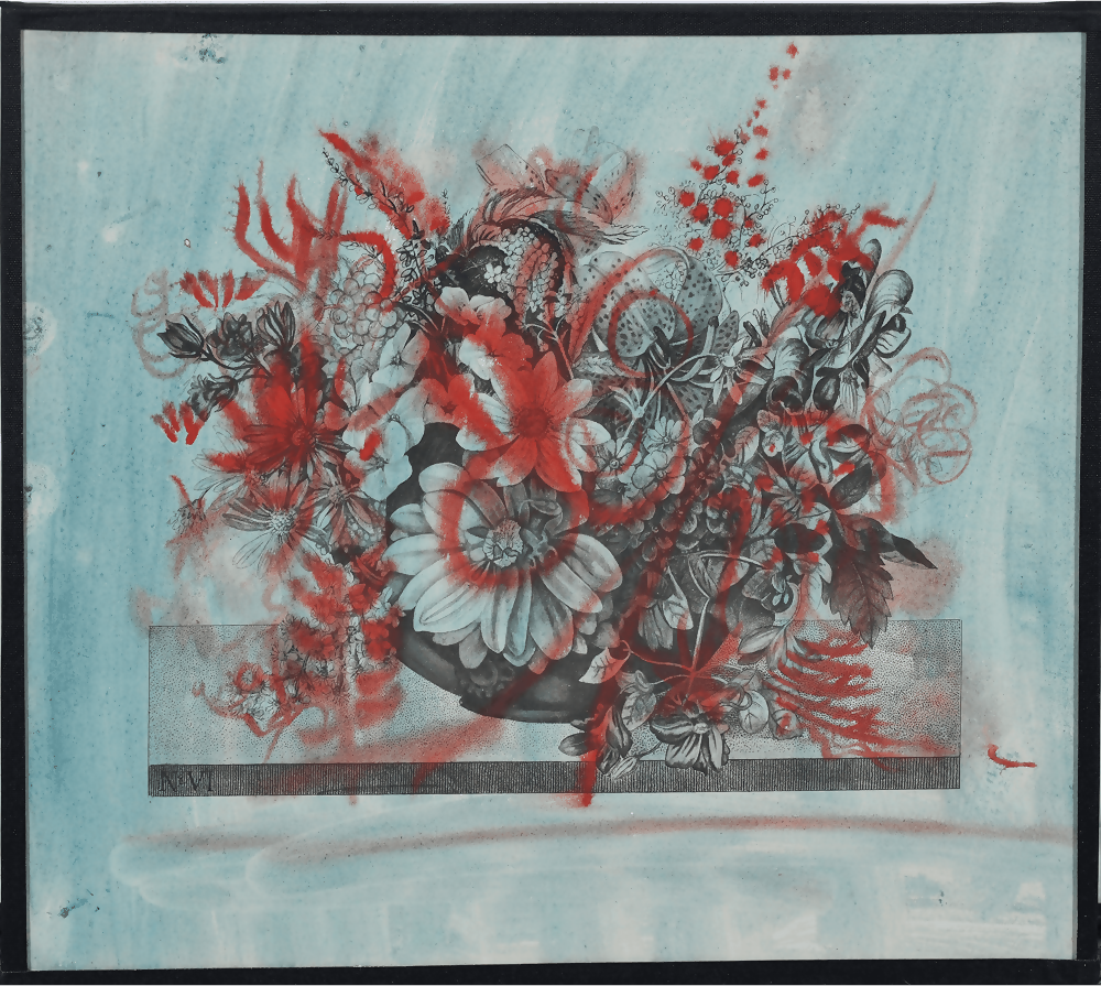 Abstract floral design with red, white, and black on a light blue background,available to buy from the-salon.com. SALON curates the finest unique handmade pieces from the interior industry's best makers and brands. Shop luxury furniture, lighting, rugs, art, antiques and vintage pieces and accessories from SALON interior designed rooms. 