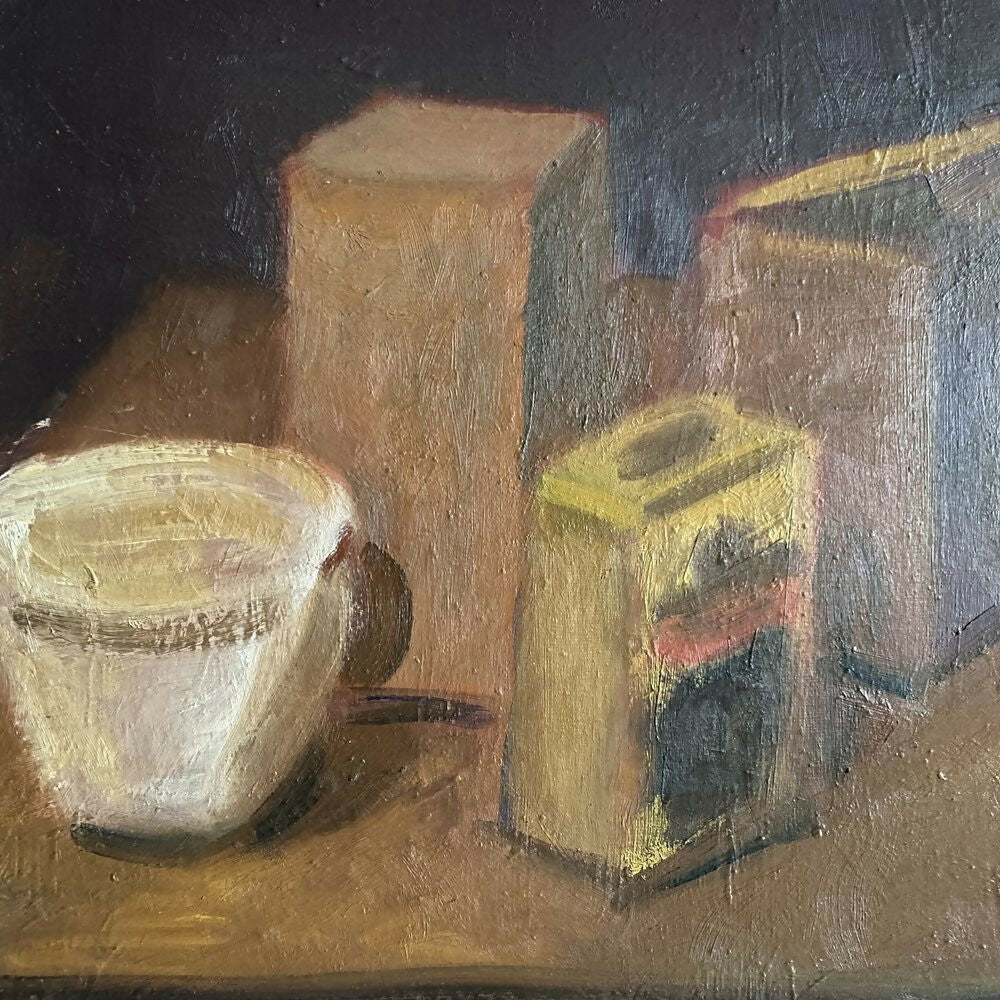 Still life painting with a cup, loaf of bread, and small container on a dark background, available  to buy on the-salon.com. SALON curates the finest , unique, handmade pieces from the interior industry's best makers and brands. Shop luxury furniture, lighting, rugs, art, antiques and vintage pieces and accessories from SALON interior designed rooms.