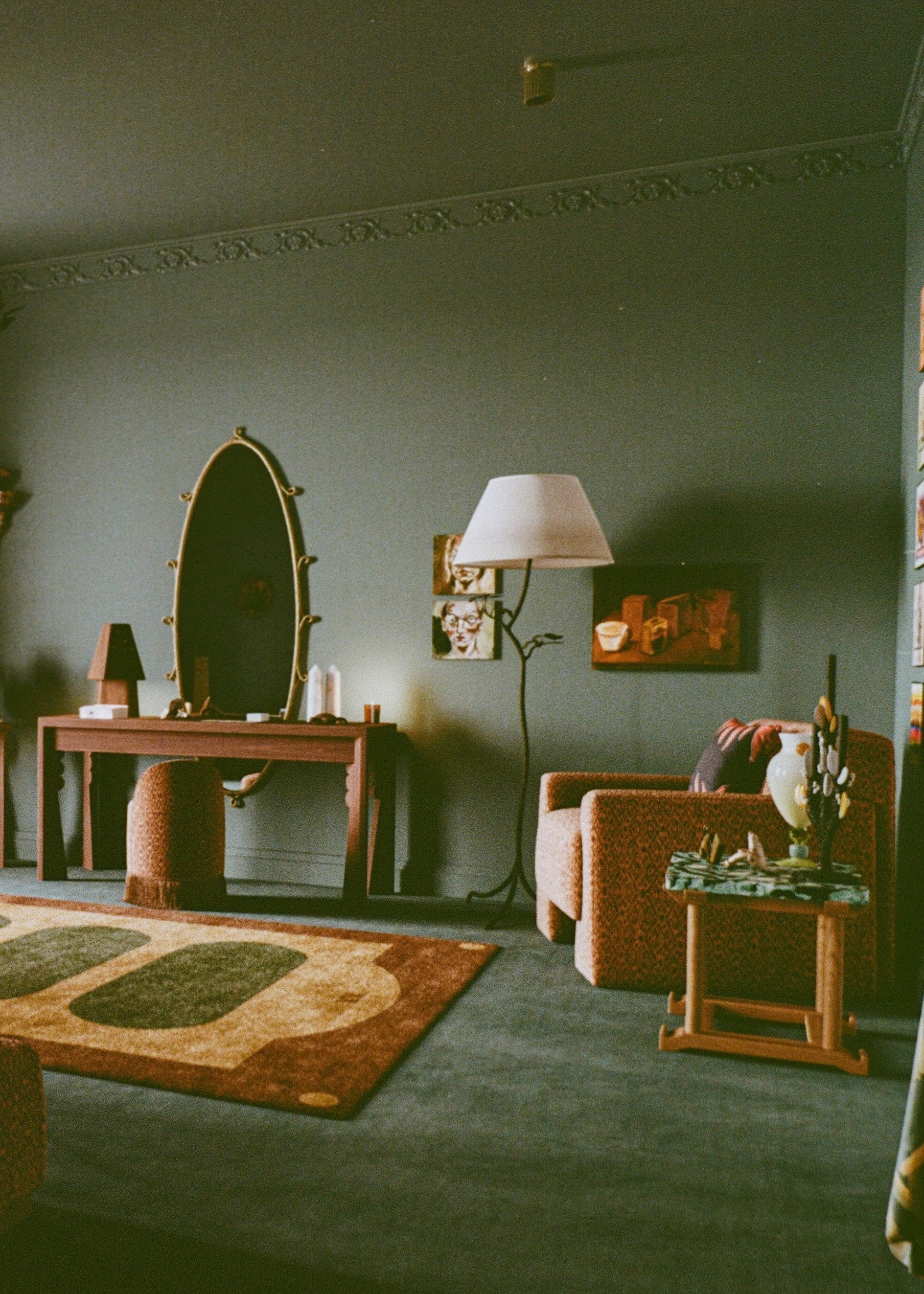 Vintage-style living room with wicker furniture and decorative elements.