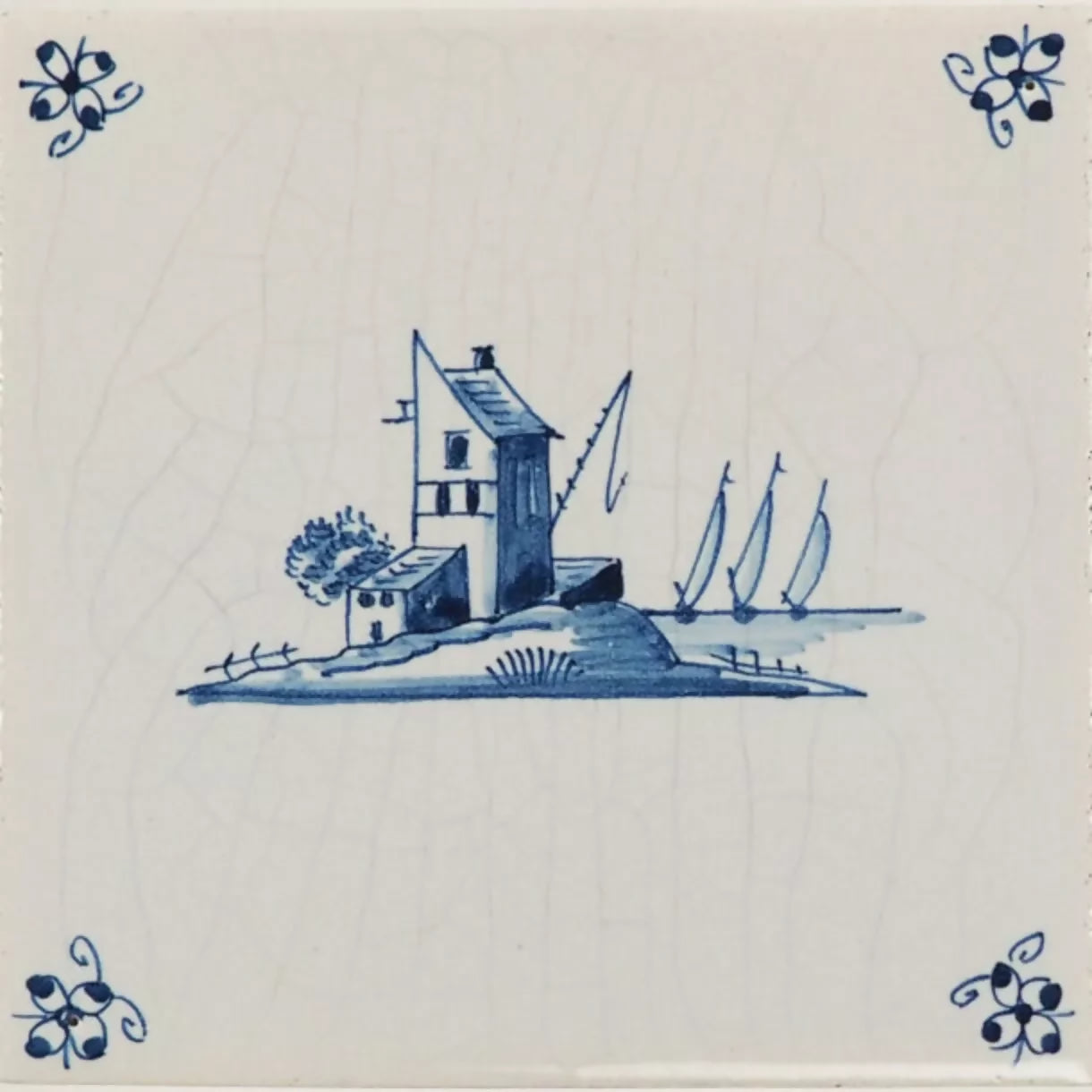 Dutch Delft-style tile with blue and white design of a lighthouse and sailboats,  available  to buy on the-salon.com. SALON curates the finest , unique, handmade pieces from the interior industry's best makers and brands. Shop luxury furniture, lighting, rugs, art, antiques and vintage pieces and accessories from SALON interior designed rooms.